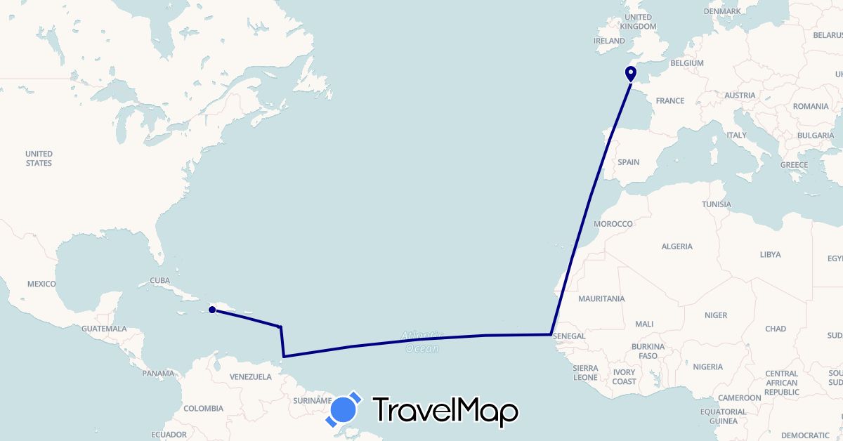TravelMap itinerary: driving in France, Haiti, Senegal, Trinidad and Tobago (Africa, Europe, North America)